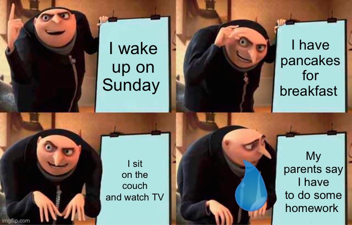 NOOOOOOOOOOO!!!!!!!!!! | I wake up on Sunday; I have pancakes for breakfast; I sit on the couch and watch TV; My parents say I have to do some homework | image tagged in memes,gru's plan | made w/ Imgflip meme maker