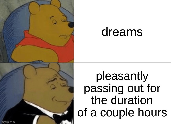 pls tell me if repost | dreams; pleasantly passing out for the duration of a couple hours | image tagged in memes,tuxedo winnie the pooh | made w/ Imgflip meme maker