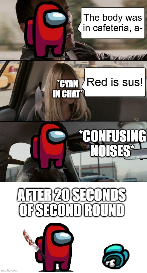 RIP to amongus | The body was in cafeteria, a-; Red is sus! *CYAN IN CHAT*; *CONFUSING NOISES*; AFTER 20 SECONDS OF SECOND ROUND | image tagged in memes,the rock driving | made w/ Imgflip meme maker