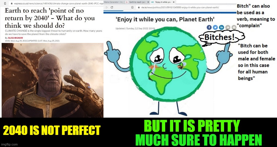 Planet Earth and Thanos Meme | BUT IT IS PRETTY; 2040 IS NOT PERFECT; MUCH SURE TO HAPPEN | image tagged in climate change,thanos,planet earth,global warming | made w/ Imgflip meme maker