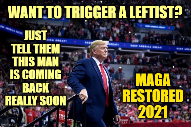 The Deep State is quickly fading. | WANT TO TRIGGER A LEFTIST? JUST TELL THEM THIS MAN IS COMING BACK REALLY SOON; MAGA
RESTORED
2021 | image tagged in trump crowd,maga | made w/ Imgflip meme maker