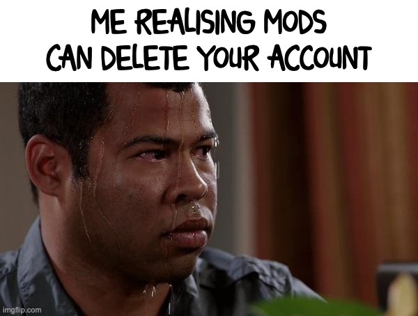 One wrong move and all my progress dies | ME REALISING MODS CAN DELETE YOUR ACCOUNT | image tagged in sweating bullets | made w/ Imgflip meme maker