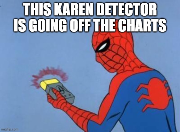 spider-man radar | THIS KAREN DETECTOR IS GOING OFF THE CHARTS | image tagged in spider-man radar | made w/ Imgflip meme maker