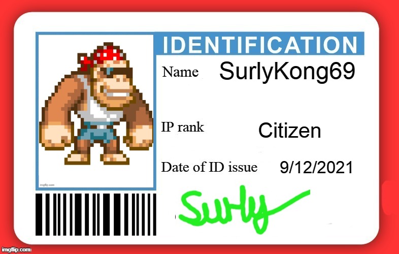 DMV ID Card | SurlyKong69; Citizen; 9/12/2021 | image tagged in dmv id card | made w/ Imgflip meme maker