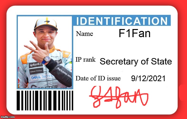 DMV ID Card | F1Fan; Secretary of State; 9/12/2021 | image tagged in dmv id card | made w/ Imgflip meme maker