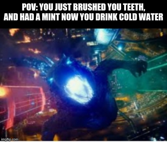 POV: YOU JUST BRUSHED YOU TEETH, AND HAD A MINT NOW YOU DRINK COLD WATER | image tagged in godzilla roar | made w/ Imgflip meme maker