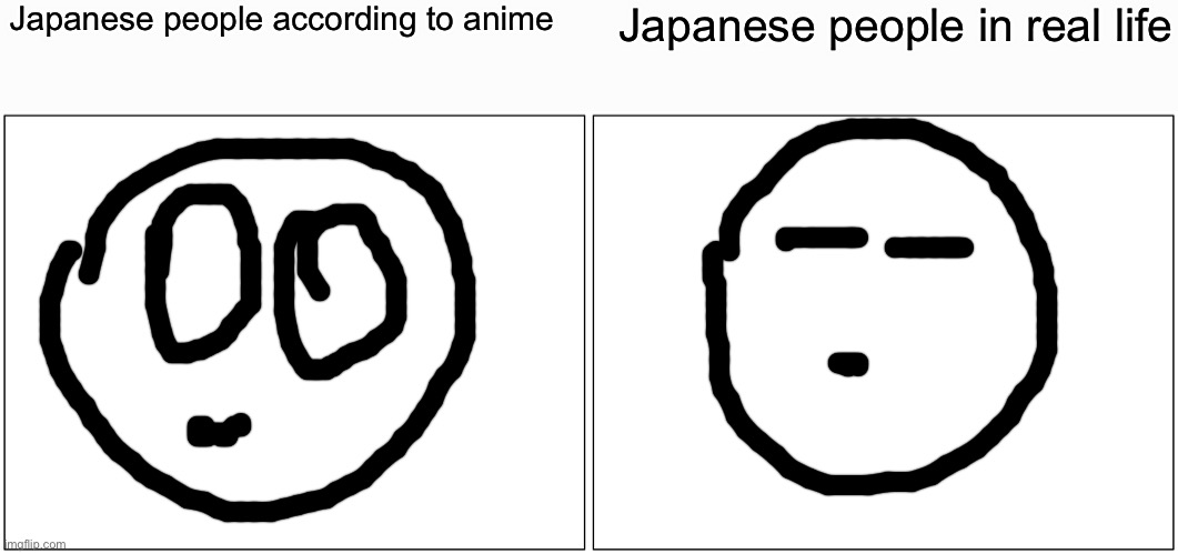 Exact opposite | Japanese people according to anime; Japanese people in real life | image tagged in memes,blank comic panel 2x1 | made w/ Imgflip meme maker