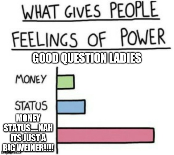 What Gives People Feelings of Power | GOOD QUESTION LADIES; MONEY STATUS.....NAH ITS JUST A BIG WEINER!!!! | image tagged in what gives people feelings of power | made w/ Imgflip meme maker