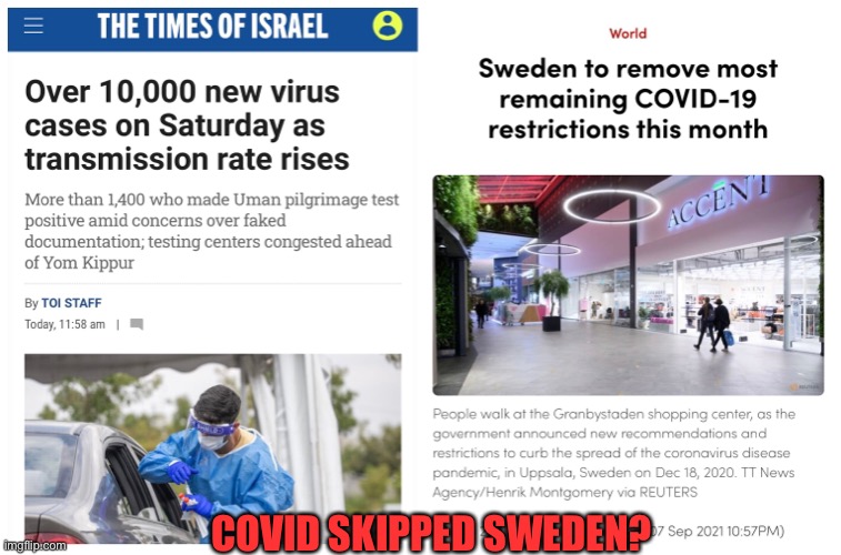 Tell me it’s not a pandemic without telling me | COVID SKIPPED SWEDEN? | image tagged in sweden,coronavirus,israel | made w/ Imgflip meme maker