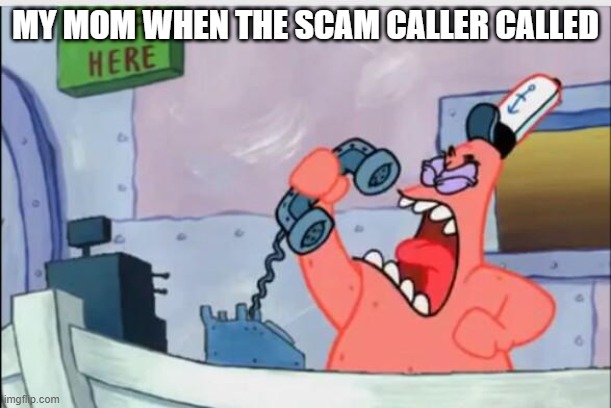 My mom | MY MOM WHEN THE SCAM CALLER CALLED | image tagged in no this is patrick | made w/ Imgflip meme maker