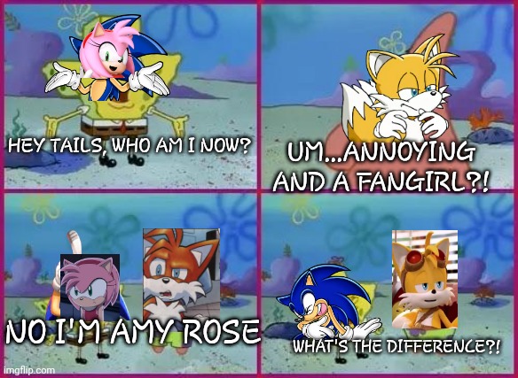 sonic is so dumb part 2 | HEY TAILS, WHO AM I NOW? UM...ANNOYING AND A FANGIRL?! NO I'M AMY ROSE; WHAT'S THE DIFFERENCE?! | image tagged in texas spongebob | made w/ Imgflip meme maker