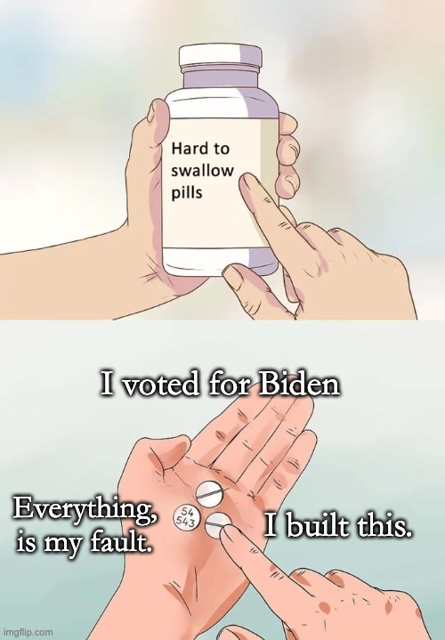 Have fun eating that poop sandwich, that you prepared with your own hands. | I voted for Biden; Everything, is my fault. I built this. | image tagged in hard to swallow pills,too stupid to live,triggered liberal | made w/ Imgflip meme maker