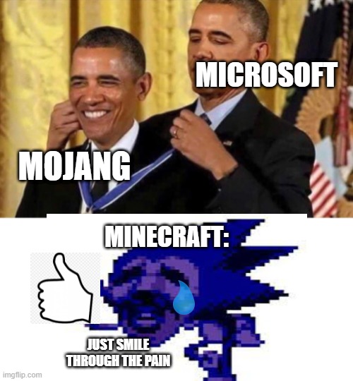 Notch was a fool to sell minecraft. | MICROSOFT; MOJANG; MINECRAFT:; JUST SMILE THROUGH THE PAIN | image tagged in obama medal | made w/ Imgflip meme maker