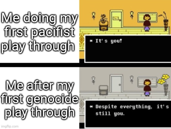 Despite everything, its still you | Me doing my first pacifist play through; Me after my first genocide play through | image tagged in despite everything its still you | made w/ Imgflip meme maker