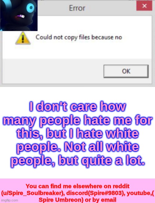 Spire CNCFNB template | I don't care how many people hate me for this, but I hate white people. Not all white people, but quite a lot. | image tagged in spire cncfnb template | made w/ Imgflip meme maker