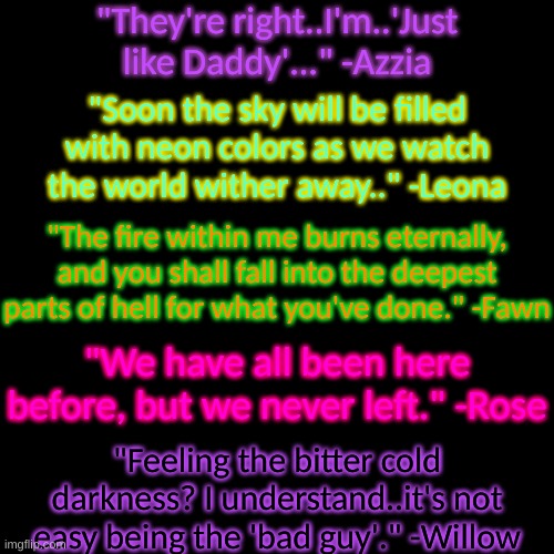 Quotes from my characters | "They're right..I'm..'Just like Daddy'..." -Azzia; "Soon the sky will be filled with neon colors as we watch the world wither away.." -Leona; "The fire within me burns eternally, and you shall fall into the deepest parts of hell for what you've done." -Fawn; "We have all been here before, but we never left." -Rose; "Feeling the bitter cold darkness? I understand..it's not easy being the 'bad guy'." -Willow | image tagged in memes,blank transparent square | made w/ Imgflip meme maker