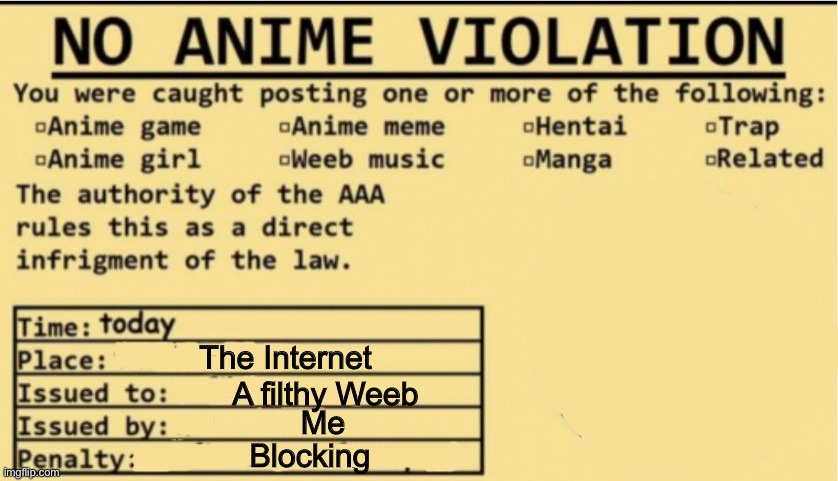 NO ANIME ALLOWED | The Internet A filthy Weeb Me Blocking | image tagged in no anime allowed | made w/ Imgflip meme maker