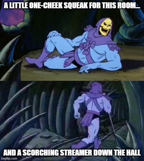 Skeletor disturbing facts | A LITTLE ONE-CHEEK SQUEAK FOR THIS ROOM... AND A SCORCHING STREAMER DOWN THE HALL | image tagged in skeletor disturbing facts | made w/ Imgflip meme maker