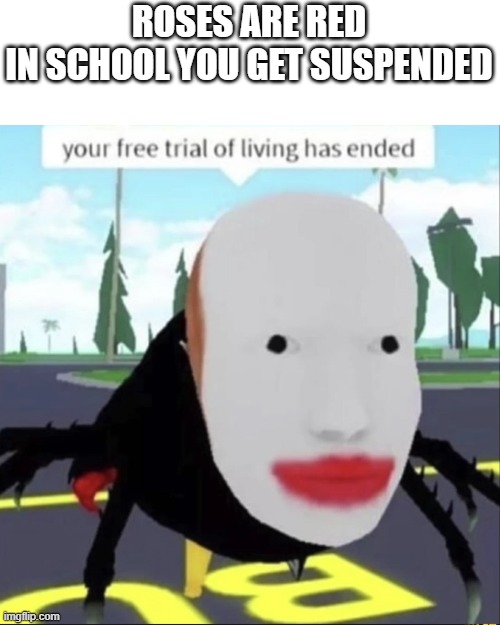 ROSES ARE RED
IN SCHOOL YOU GET SUSPENDED | made w/ Imgflip meme maker