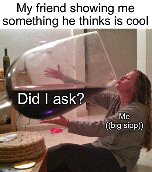 We have all been here |  My friend showing me something he thinks is cool; Did I ask? Me ((big sipp)) | image tagged in wine,me,big sip,did i ask,do i care | made w/ Imgflip meme maker