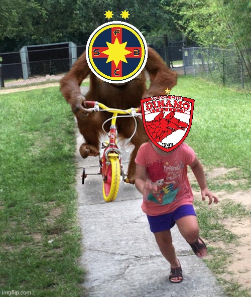 FCSB 6 vs Dinamo 0 | image tagged in orangutan chasing girl on a tricycle,fcsb,steaua,dinamo,funny,memes | made w/ Imgflip meme maker