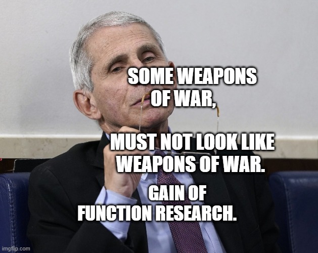 Dr. Fauci | SOME WEAPONS OF WAR,                   MUST NOT LOOK LIKE WEAPONS OF WAR. GAIN OF FUNCTION RESEARCH. | image tagged in dr fauci | made w/ Imgflip meme maker