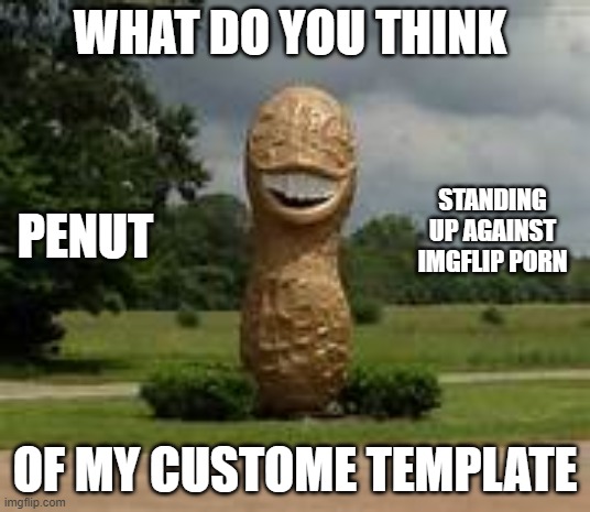 my first anouncement template | WHAT DO YOU THINK; STANDING UP AGAINST IMGFLIP PORN; PENUT; OF MY CUSTOME TEMPLATE | image tagged in penut | made w/ Imgflip meme maker