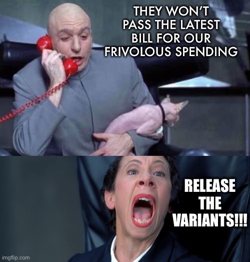 Release the variants!! | THEY WON’T PASS THE LATEST BILL FOR OUR FRIVOLOUS SPENDING; RELEASE THE VARIANTS!!! | image tagged in dr evil and frau,funny memes,true,coronavirus | made w/ Imgflip meme maker