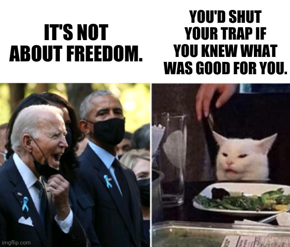 He creates more division every time he speaks. | IT'S NOT ABOUT FREEDOM. YOU'D SHUT YOUR TRAP IF YOU KNEW WHAT WAS GOOD FOR YOU. | image tagged in memes | made w/ Imgflip meme maker