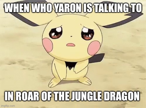 Roar of the jungle dragon sad | WHEN WHO YARON IS TALKING TO; IN ROAR OF THE JUNGLE DRAGON | image tagged in sad pichu | made w/ Imgflip meme maker