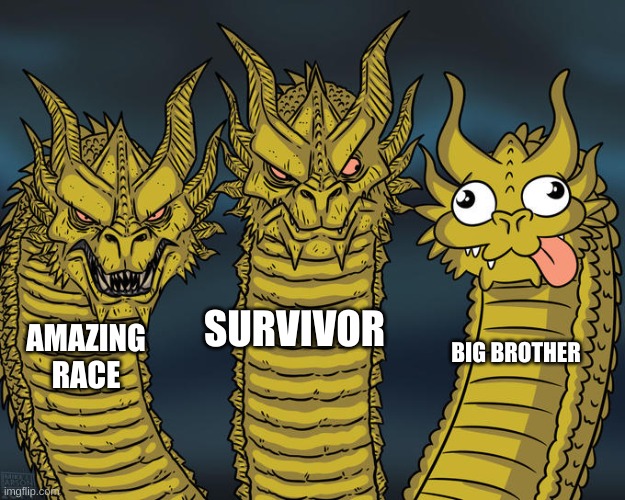Three-headed Dragon |  SURVIVOR; AMAZING RACE; BIG BROTHER | image tagged in three-headed dragon,survivor,amazing race,big brother | made w/ Imgflip meme maker