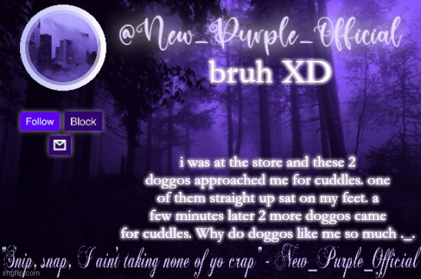 Purple's Announcement | bruh XD; i was at the store and these 2 doggos approached me for cuddles. one of them straight up sat on my feet. a few minutes later 2 more doggos came for cuddles. Why do doggos like me so much ._. | image tagged in purple's announcement | made w/ Imgflip meme maker