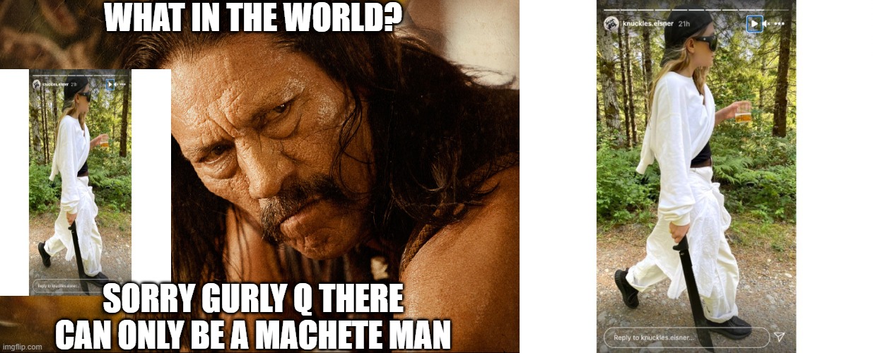 Machete | WHAT IN THE WORLD? SORRY GURLY Q THERE CAN ONLY BE A MACHETE MAN | image tagged in machete 101,machete gurl,ashley,horror movie,twins | made w/ Imgflip meme maker