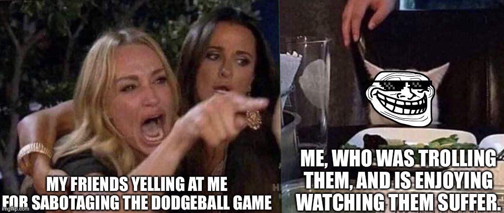 Also im just bad at dodgeball | MY FRIENDS YELLING AT ME FOR SABOTAGING THE DODGEBALL GAME; ME, WHO WAS TROLLING THEM, AND IS ENJOYING WATCHING THEM SUFFER. | image tagged in woman yelling at cat | made w/ Imgflip meme maker