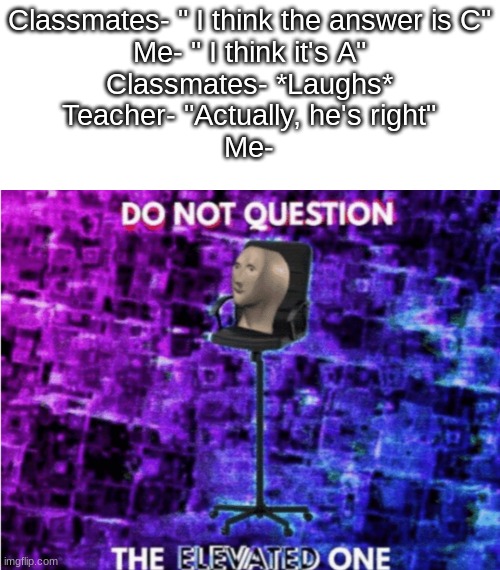"You dare question me, mortal?" |  Classmates- " I think the answer is C"
Me- " I think it's A"
Classmates- *Laughs*
Teacher- "Actually, he's right"
Me- | image tagged in do not question the elevated one,memes,fun,big brain,funny | made w/ Imgflip meme maker
