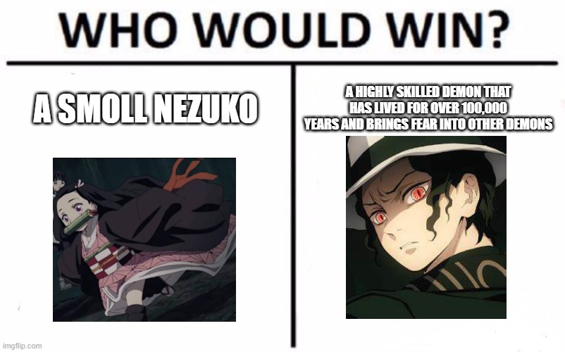 Who Would Win? Meme | A SMOLL NEZUKO; A HIGHLY SKILLED DEMON THAT HAS LIVED FOR OVER 100,000 YEARS AND BRINGS FEAR INTO OTHER DEMONS | image tagged in memes,who would win | made w/ Imgflip meme maker