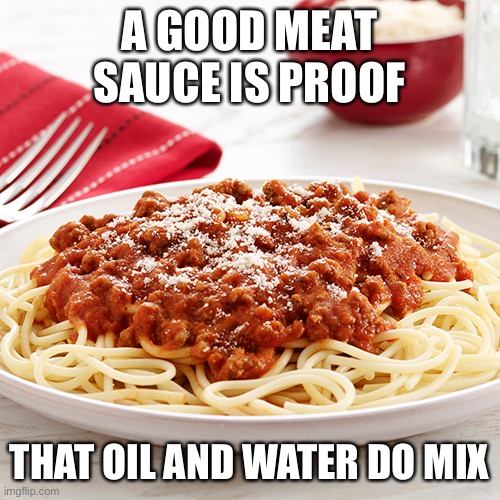 Oil and water do mix eventually | A GOOD MEAT SAUCE IS PROOF; THAT OIL AND WATER DO MIX | image tagged in spaghetti,sauce | made w/ Imgflip meme maker