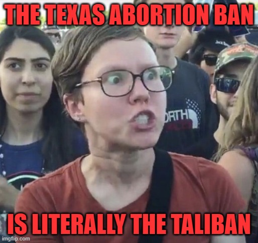 Triggered feminist | THE TEXAS ABORTION BAN; IS LITERALLY THE TALIBAN | image tagged in triggered feminist,memes,abortion,texas,white woman,taliban | made w/ Imgflip meme maker
