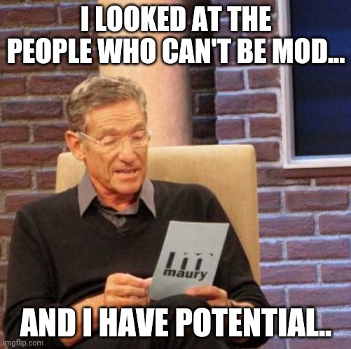 Maury Lie Detector | I LOOKED AT THE PEOPLE WHO CAN'T BE MOD... AND I HAVE POTENTIAL.. | image tagged in memes,maury lie detector | made w/ Imgflip meme maker
