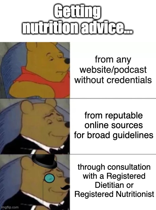 Nutrition Advice Hierarchy | Getting nutrition advice... from any website/podcast without credentials; from reputable online sources for broad guidelines; through consultation with a Registered Dietitian or Registered Nutritionist | image tagged in fancy pooh | made w/ Imgflip meme maker