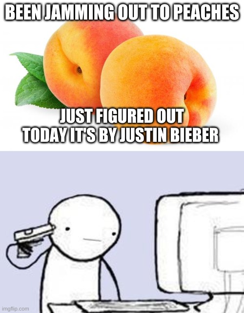 My god i hate justin bieber | BEEN JAMMING OUT TO PEACHES; JUST FIGURED OUT TODAY IT'S BY JUSTIN BIEBER | image tagged in peaches,computer suicide | made w/ Imgflip meme maker