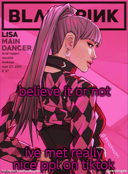 we be v i b i n | believe it or not; ive met really nice ppl on tiktok | image tagged in lisa bcuz yes | made w/ Imgflip meme maker