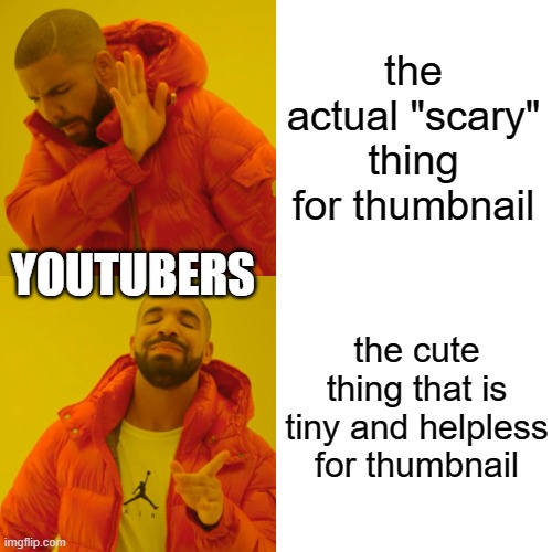 Drake Hotline Bling Meme | the actual "scary" thing for thumbnail the cute thing that is tiny and helpless for thumbnail YOUTUBERS | image tagged in memes,drake hotline bling | made w/ Imgflip meme maker