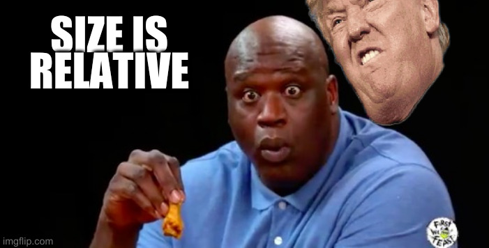 what did rumpt do while in office? "'he had his thumb up his *ss'" | SIZE IS RELATIVE | image tagged in surprised shaq | made w/ Imgflip meme maker