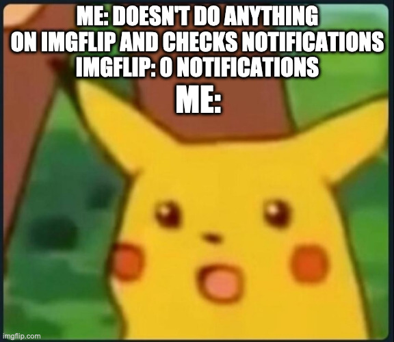 true story | ME: DOESN'T DO ANYTHING ON IMGFLIP AND CHECKS NOTIFICATIONS
IMGFLIP: 0 NOTIFICATIONS; ME: | image tagged in surprised pikachu | made w/ Imgflip meme maker