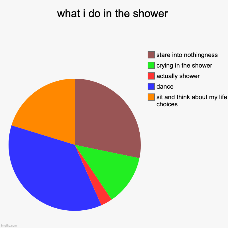 what i do in the shower | sit and think about my life choices, dance, actually shower, crying in the shower, stare into nothingness | image tagged in charts,pie charts | made w/ Imgflip chart maker