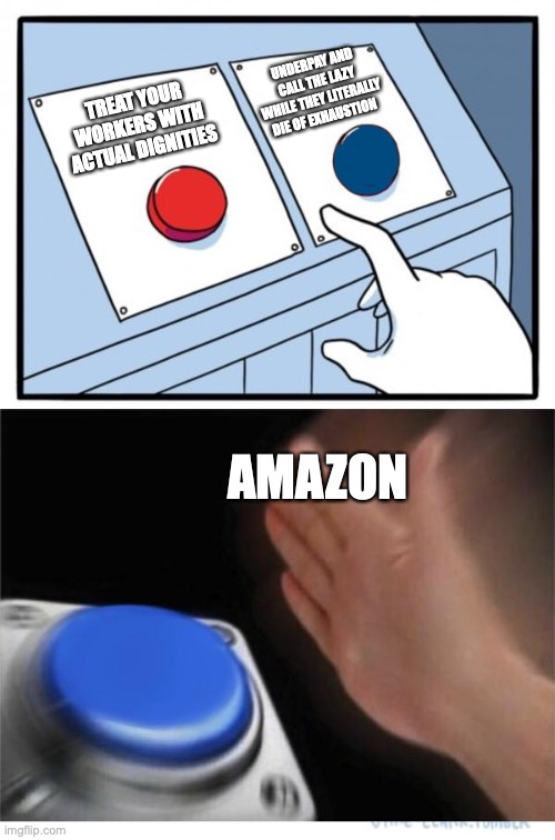 amazon: we deliver on the pain and sacrifice of the health of our workers | UNDERPAY AND CALL THE LAZY WHILE THEY LITERALLY DIE OF EXHAUSTION; TREAT YOUR WORKERS WITH ACTUAL DIGNITIES; AMAZON | image tagged in two buttons 1 blue | made w/ Imgflip meme maker
