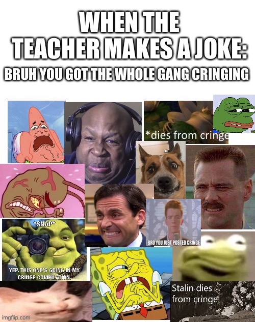 BRO YOU JUST SAID CRINGE | WHEN THE TEACHER MAKES A JOKE: | image tagged in the gang cringes,teachers,joke | made w/ Imgflip meme maker