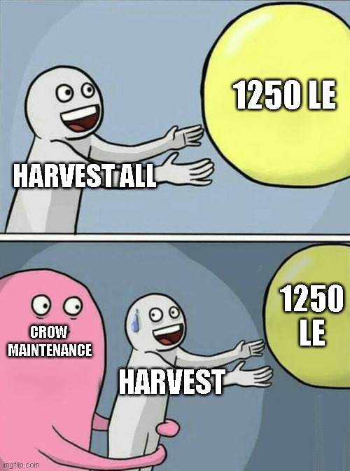 PVU | 1250 LE; HARVEST ALL; 1250 LE; CROW 
MAINTENANCE; HARVEST | image tagged in memes,running away balloon | made w/ Imgflip meme maker