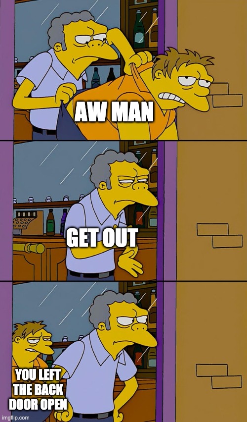 Moe throws Barney | AW MAN; GET OUT; YOU LEFT THE BACK DOOR OPEN | image tagged in moe throws barney | made w/ Imgflip meme maker